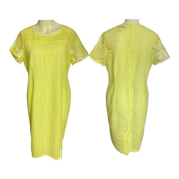 Doncaster Yellow Eyelet Sheath Dress Size 14 Fits like a 12  100% Cotton - Picture 1 of 9